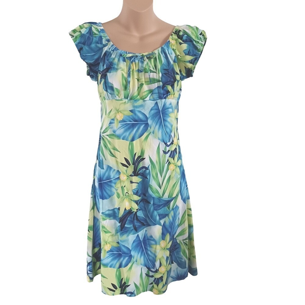 Tropical Short Sleeve Babydoll Blue Green Floral Midi Sundress Scoop Neck Size S